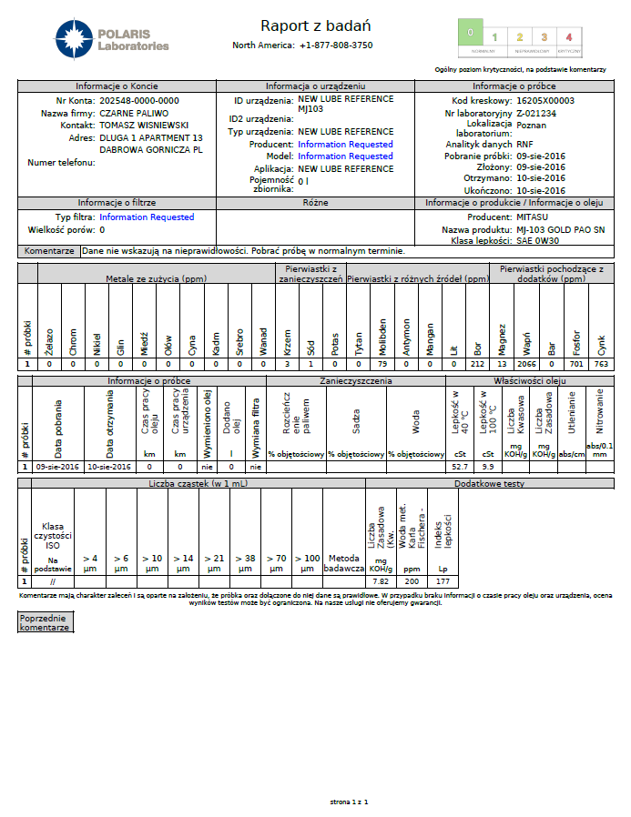 MJ-103 0W-30 raport z badania oleju świeżego